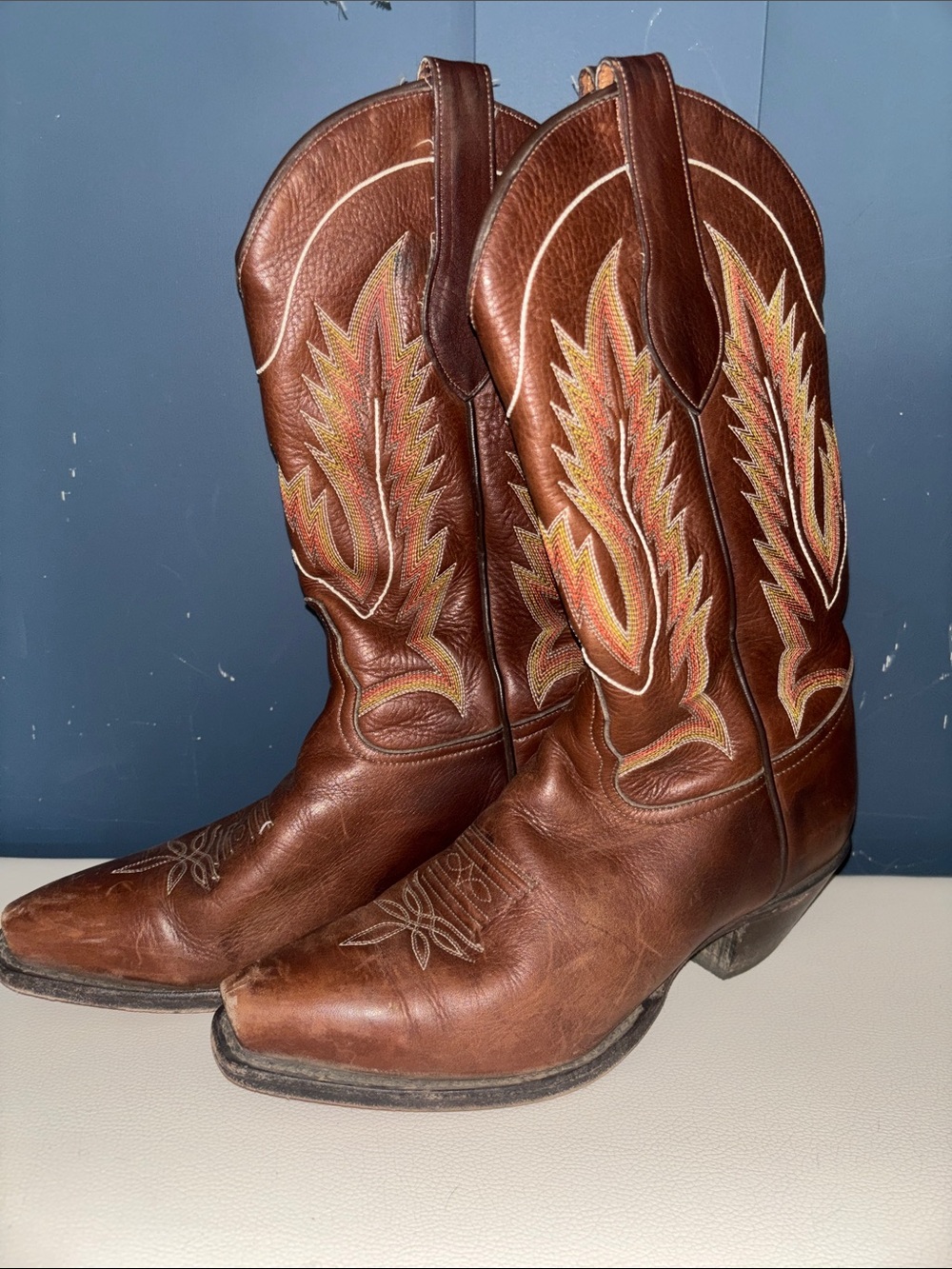 Women’s Classic Tony Lama Snip Toe Brown Embroidered Leather Cowboy Boots